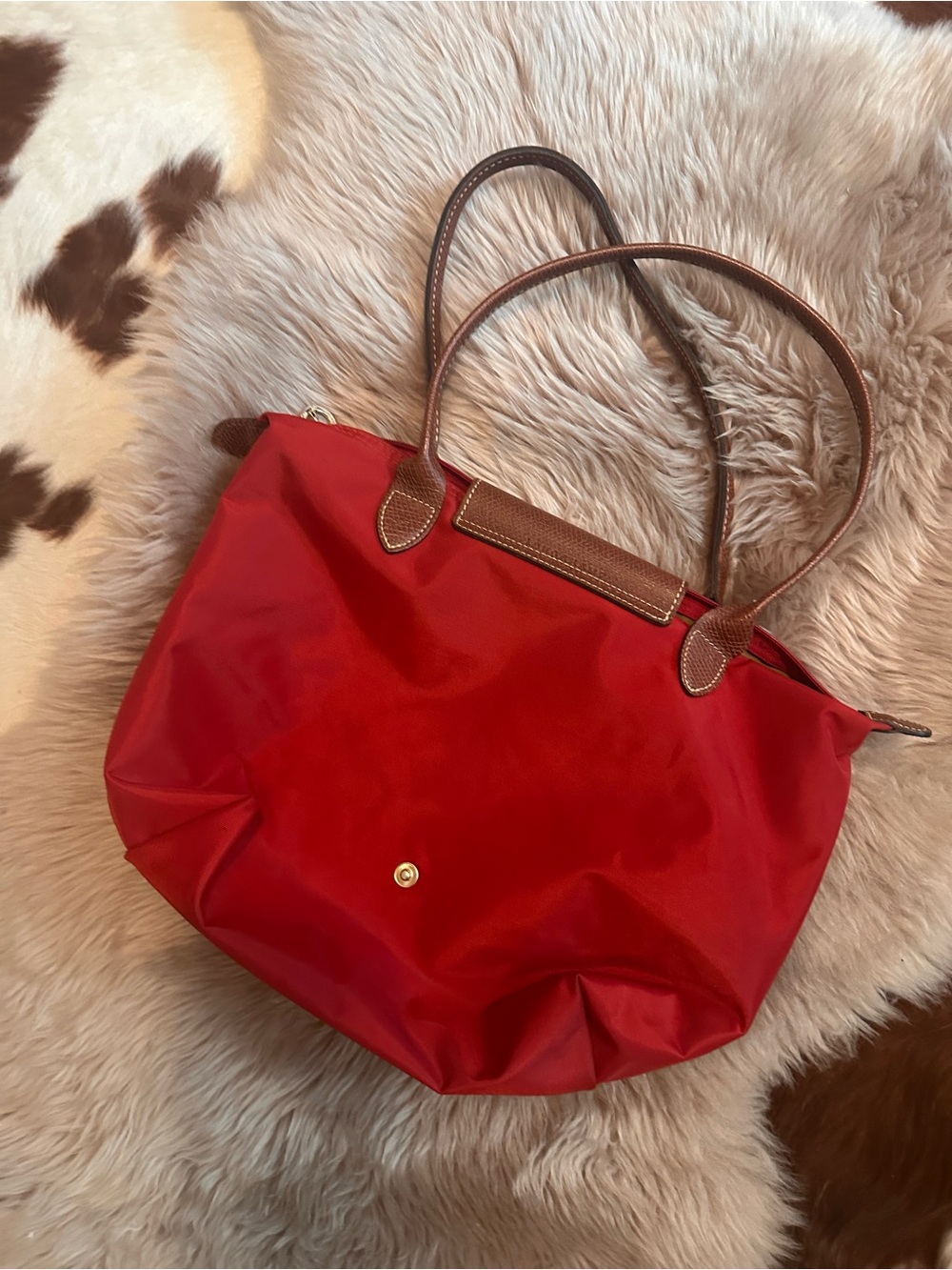 Longchamp Red Tote with Brown Leather Trim - Picture 5 of 7